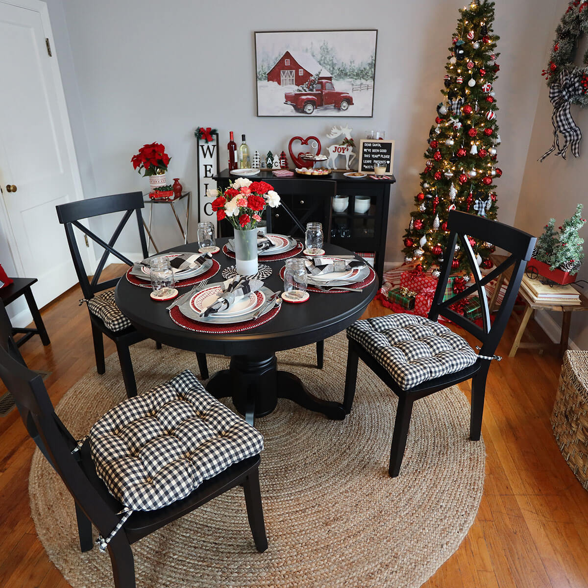 holiday dining room decorations with farmhouse chair pads in black and white check