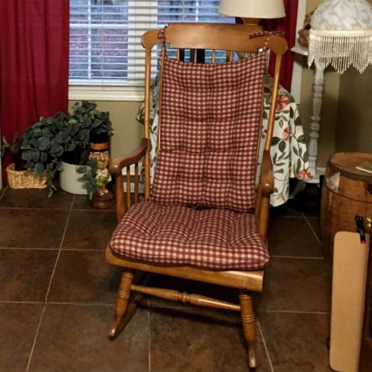 Tan Check Rocking Chair Farmhouse Check Dark Red & Tan Checkered Rocking Chair Cushions - Late