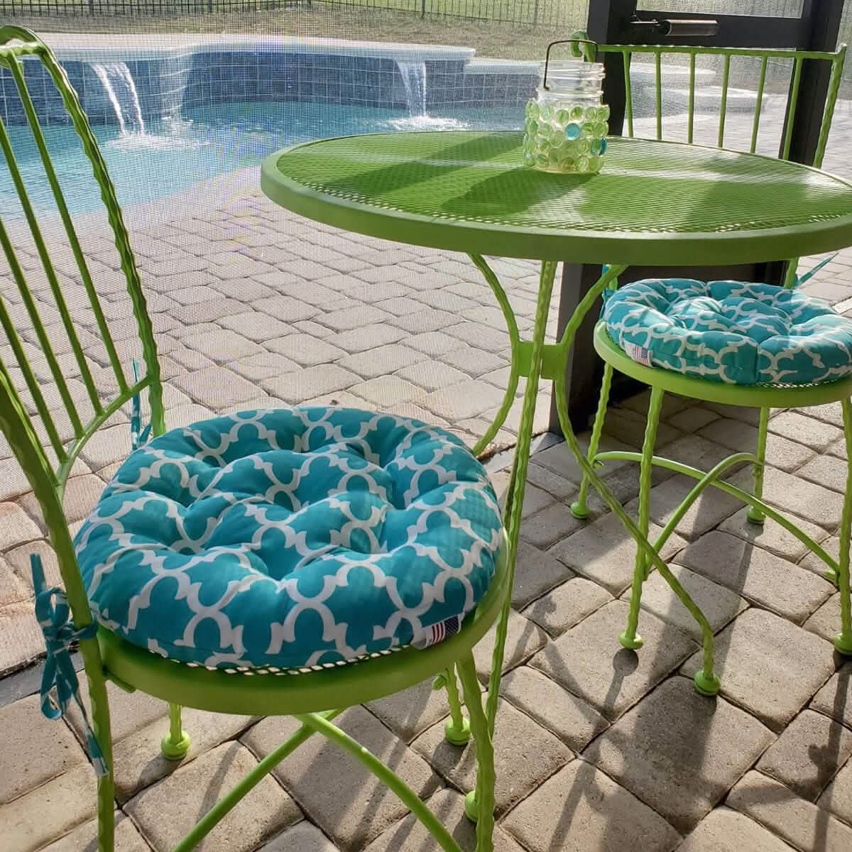 fulton aqua quatrefoil bistro cushions - indoor /outdoor | barnett home decor
