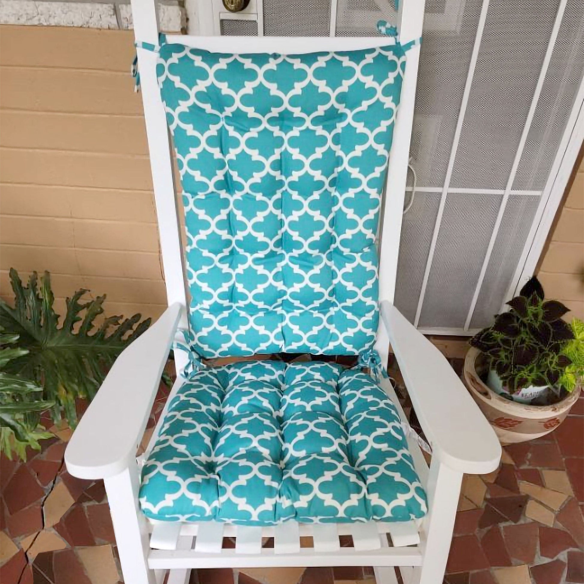 teal rocking chair cushions in geometric print on white rocker