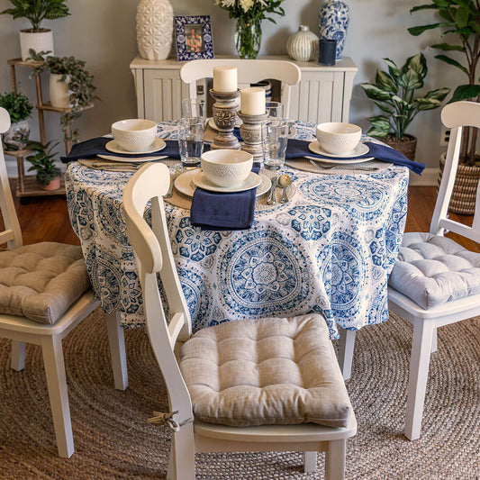 beige linen dining chair cushions in transitional dining room