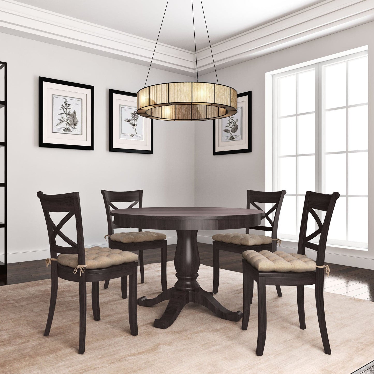 beige dining chair pads on dark wood cross back dining chairs in formal dining room