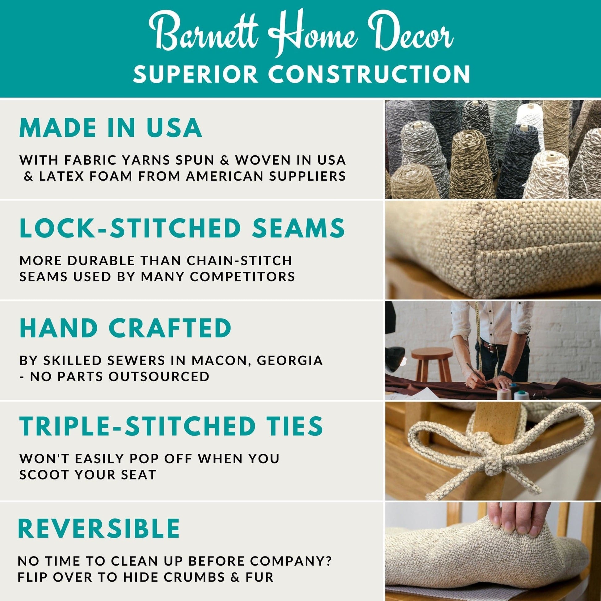 Barnett Home Decor Superior Construction Made in USA, Lock-Stitched Seams, Hand Crafted, Triple Stitched Ties, Reversible