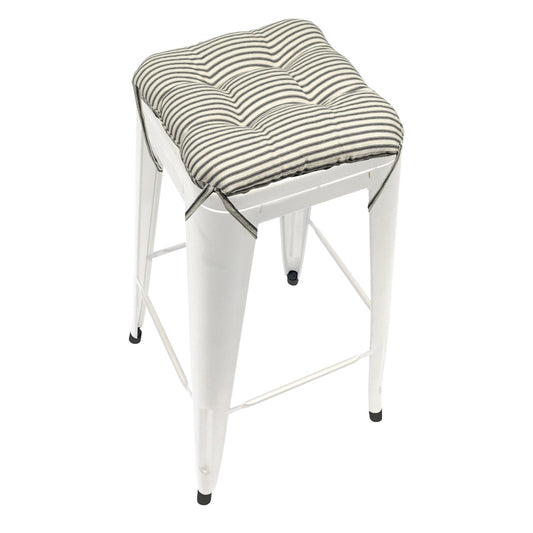 black ticking stripe square bar stool cushion on metal stool - barnett home decor