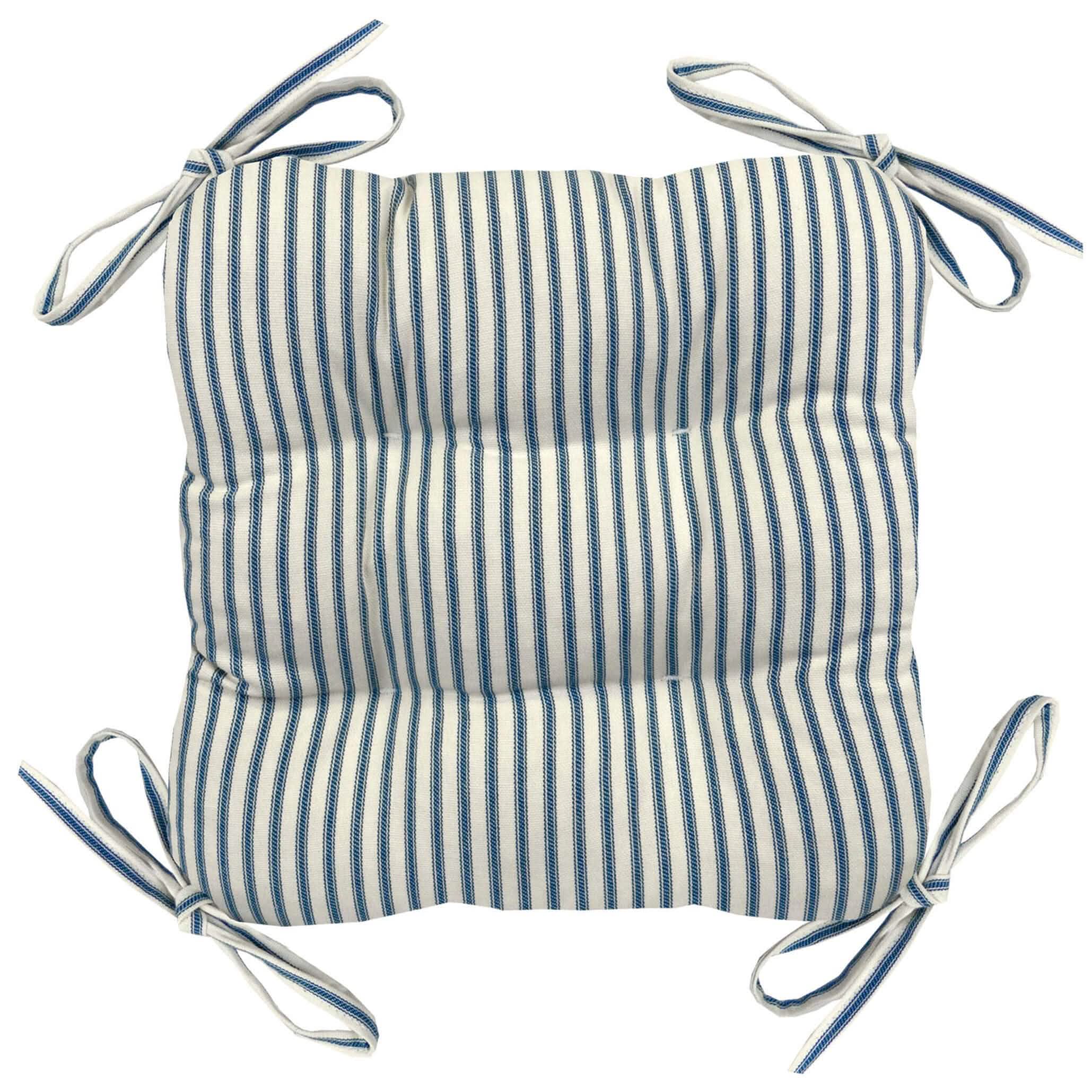 Ticking Stripe Blue Square Industrial Bar Stool Cushion - Latex Foam Fill - Barnett Home Decor - Blue & White