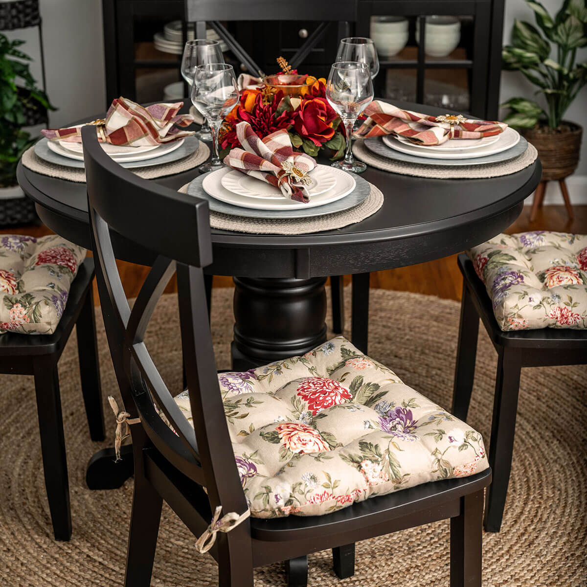 traditional floral dining room chair cushions in formal dining room