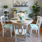 turquoise checked dining room chair cushions with pioneer woman plates in farmhouse kitchen with lemons and aqua theme
