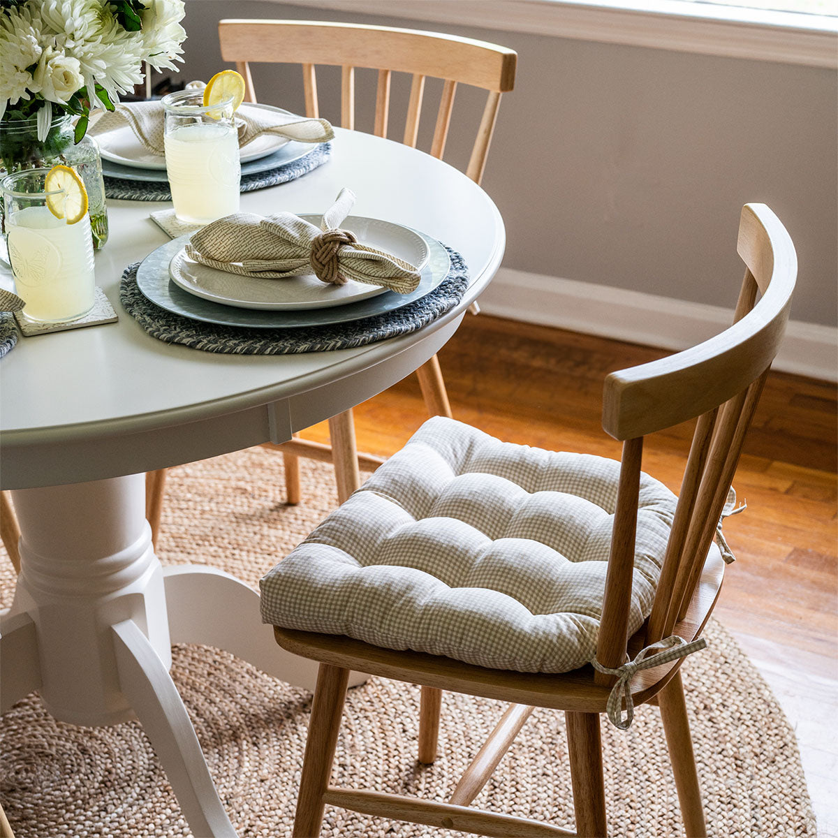 madrid gingham dining room chair cushions in natural on windsor chairs at farmhouse dining table