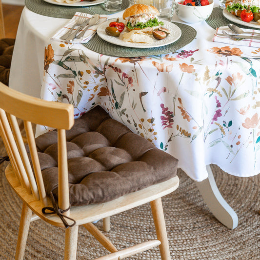 brown dining room chair cushions made from vegan suede on wooden chairs with fall colors tablecloth