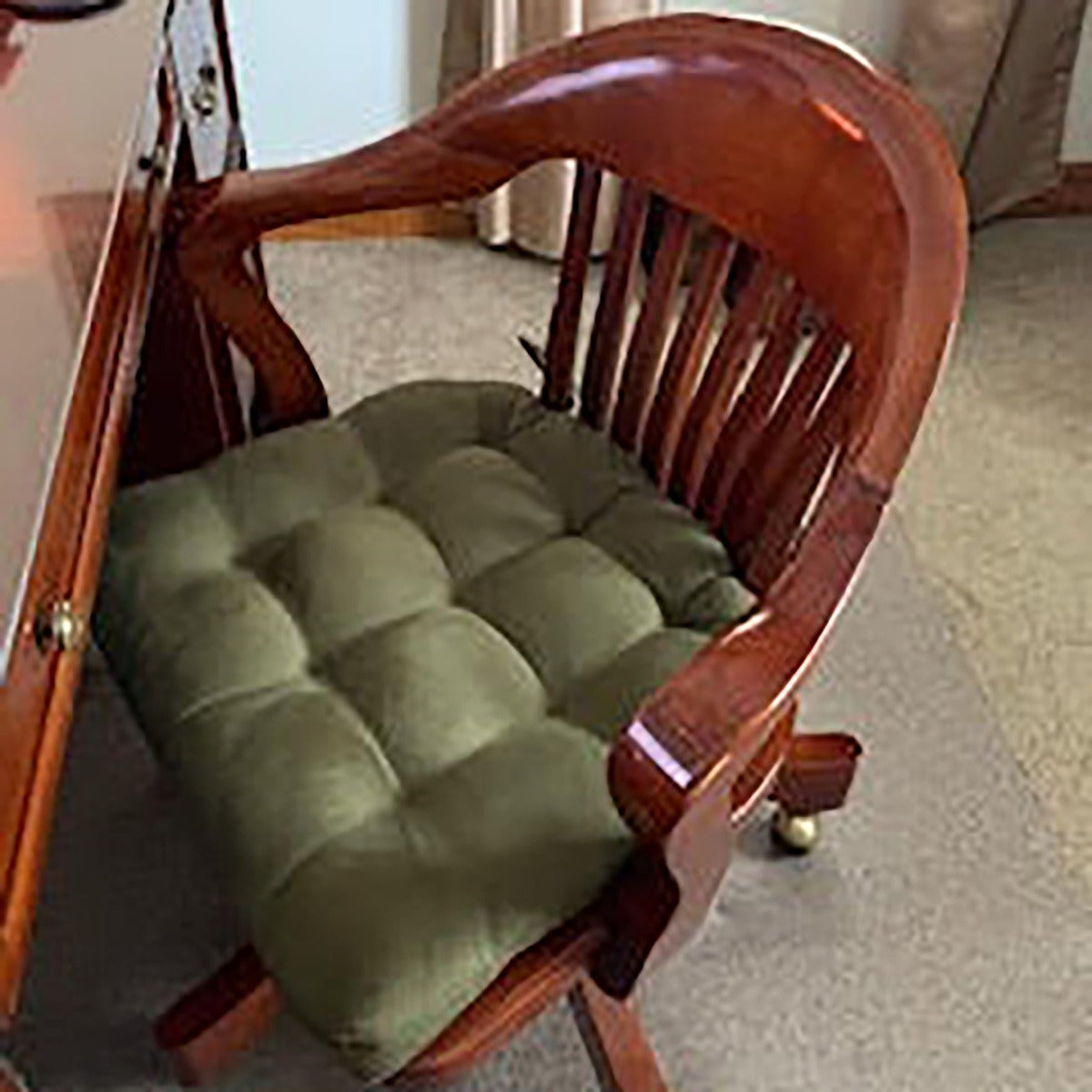 moss green desk chair cushion made of vegan suede