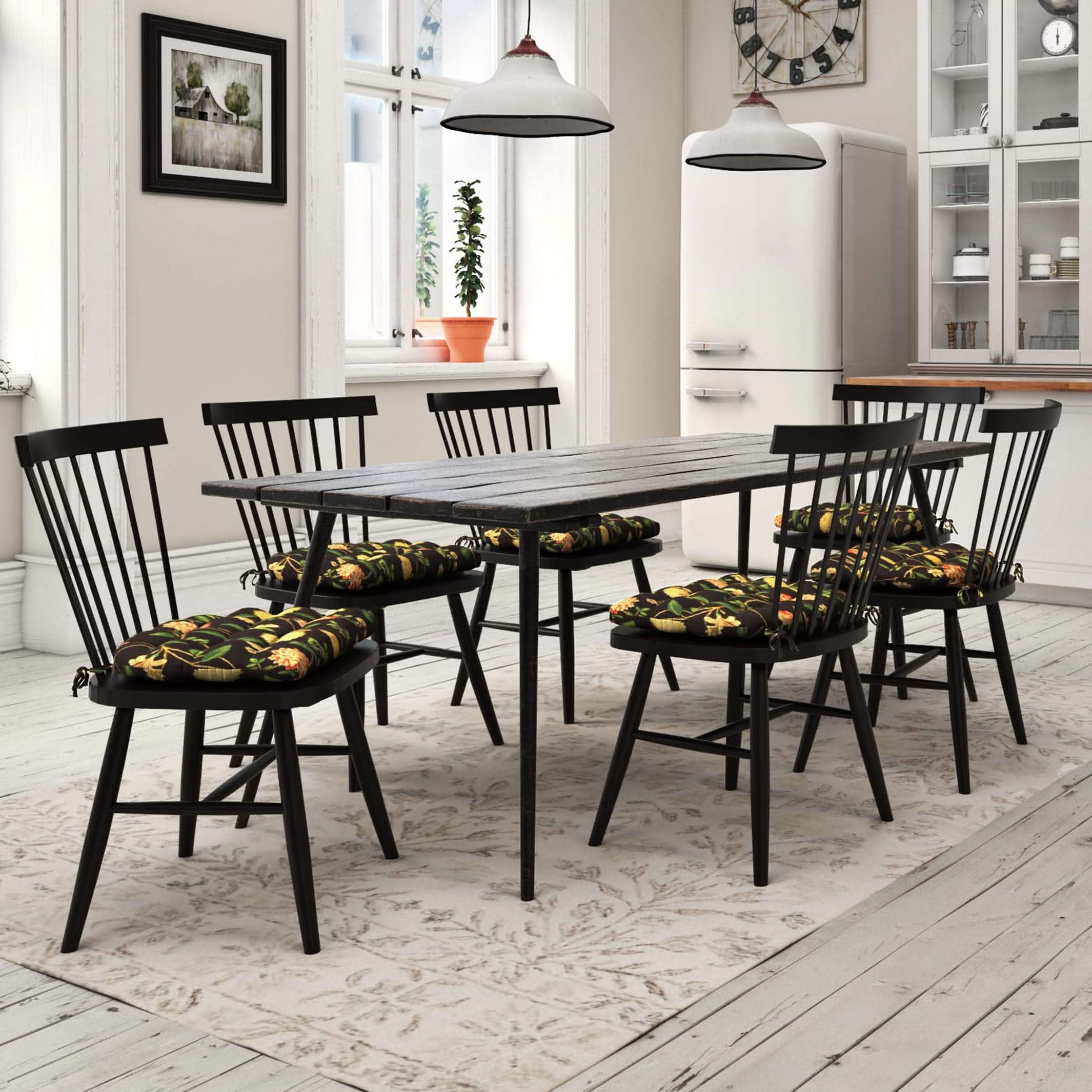 Nassau Vine Onyx Black Dining Chair Cushions in farmhouse kitchen