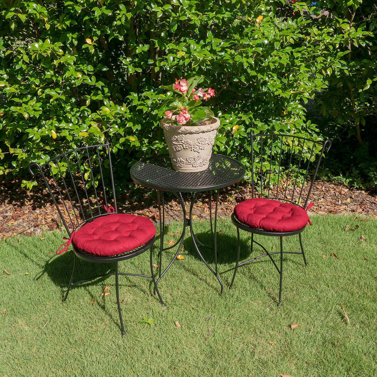 red round cushions for bistro chairs on outdoor bistro set