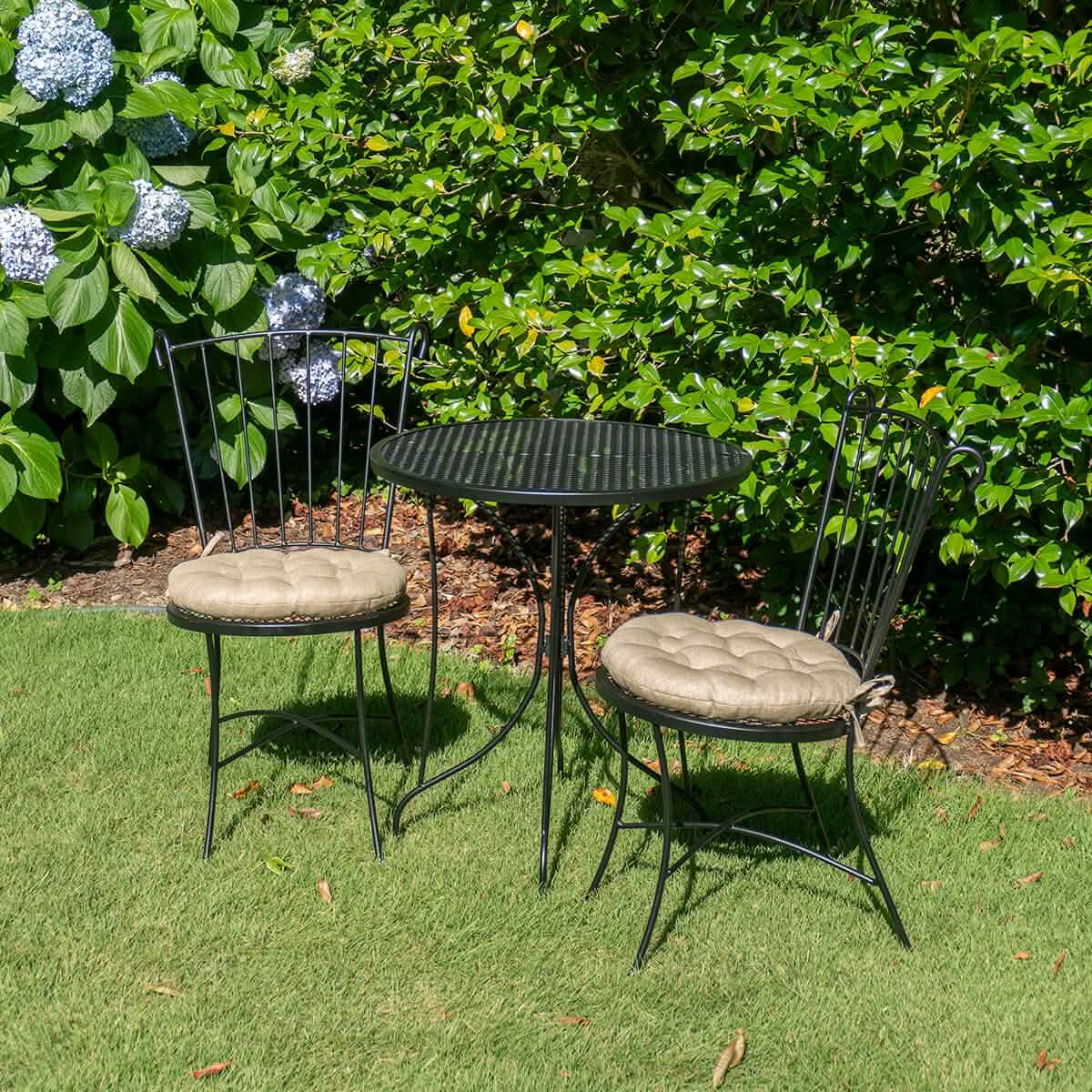 neutral colored outdoor cushions for round bistro chairs set used outdoors