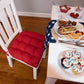 fire hydrant red dining chair pads on white dining room chairs at farmhouse table set for 4th of july party