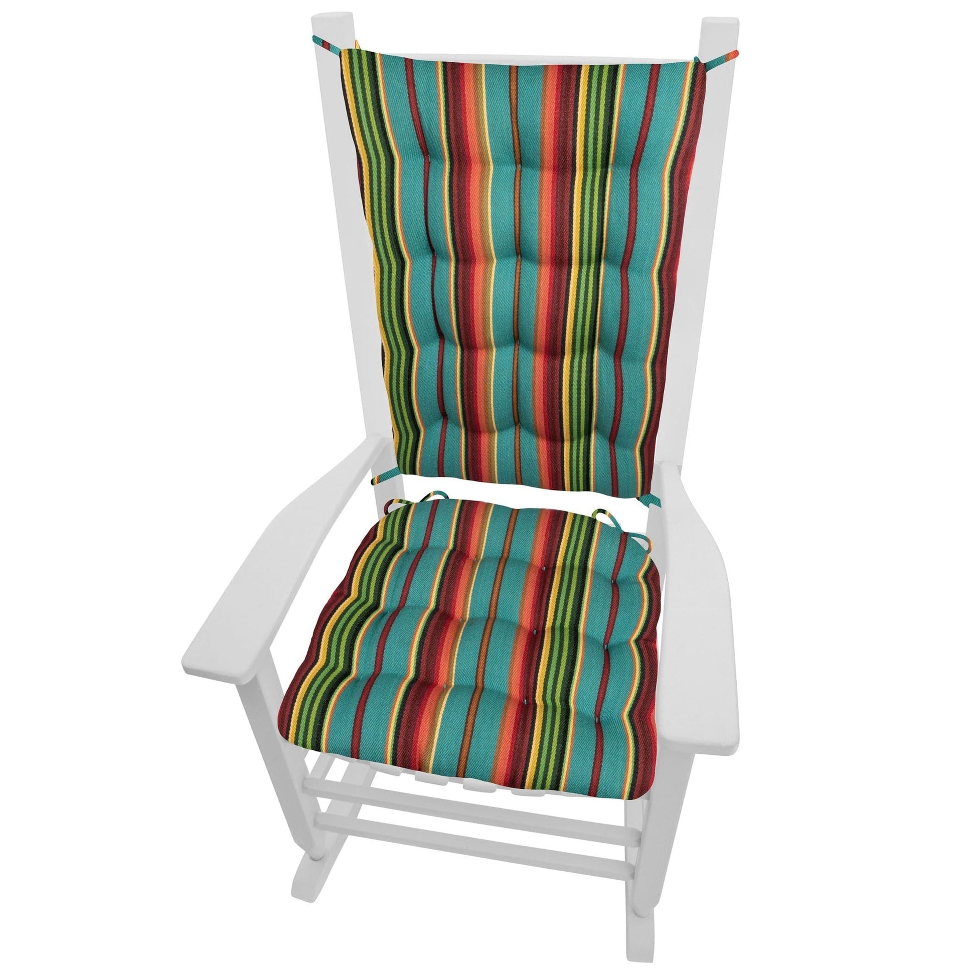 Santa Fe Serape Stripe Rocking Chair Cushions - Barnett Home Decor - Teal, Green, Red, Yellow, & Copper