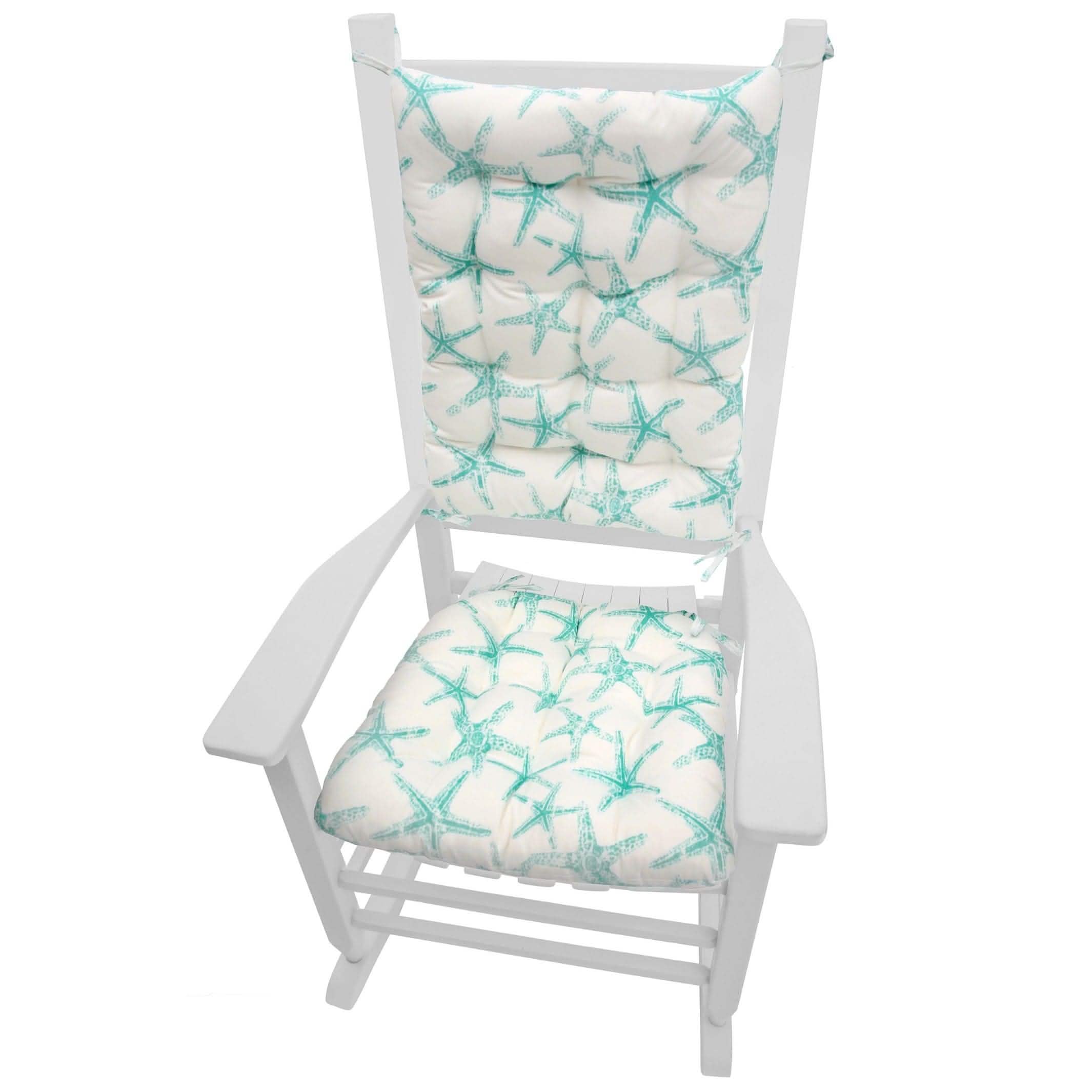Sea Shore Starfish Aqua Rocking Chair Cushions - Barnett Home Decor - Aqua & White - Aquatic - Oceanic - Coastal - New England