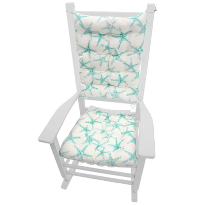 Sea Shore Starfish Aqua Rocking Chair Cushions - Barnett Home Decor - Aqua & White - Aquatic - Oceanic - Coastal - New England