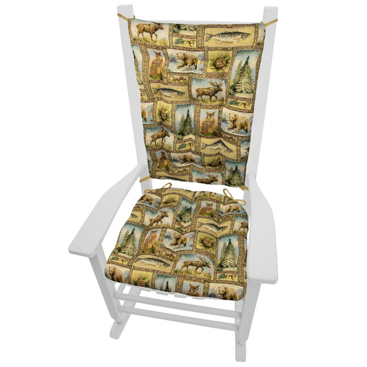 Wilderness Yuki Rocking Chair Cushions - Barnett Home Decor - Green, Blue, & Brown Wilderness - Animals - Nature - Wildlife - Bears - Moose - Deer - Rustic - Hunting - Fishing - Cabin