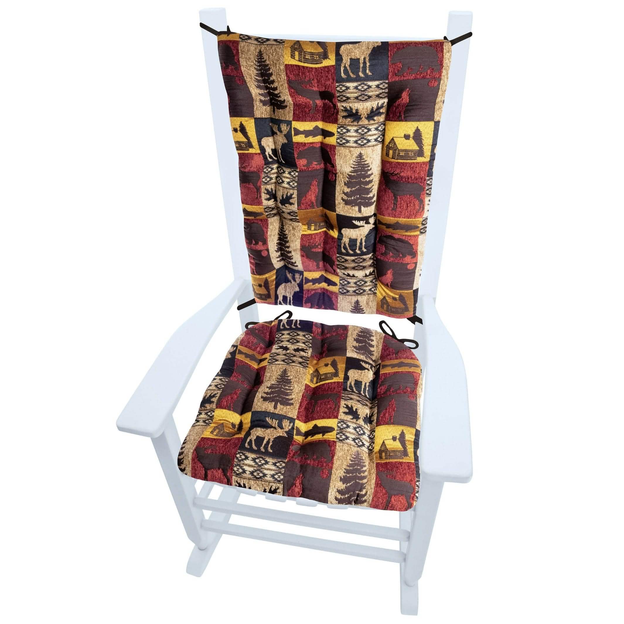 Woodlands Fairbanks Rocking Chair Cushions | Barnett Home Decor | Red, Brown, Yellow, & Beige - Animals - Nature - Wildlife - Bears - Moose - Deer - Rustic - Hunting - Fishing - Cabin