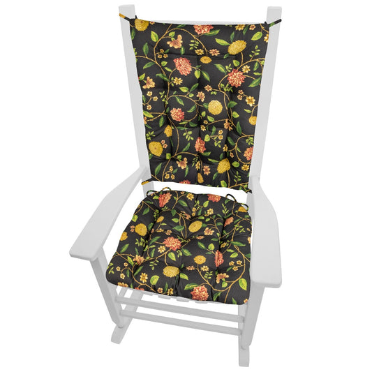 Black Floral Rocking Chair Cushion Set - Latex Foam Fill - Reversible