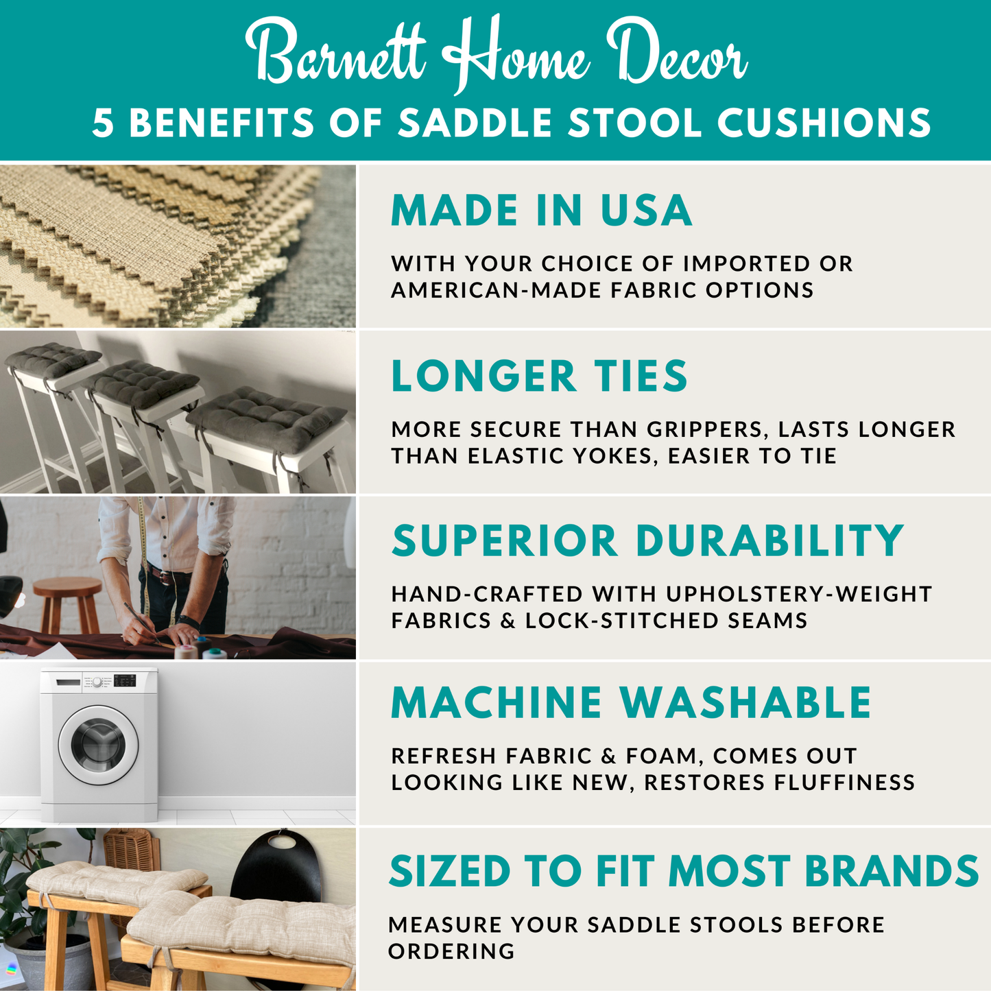 Barnett Home Decor - Benefits of Saddle Stool Cushions - Made in USA - Longer Ties - Superior Durability - Machine Washable