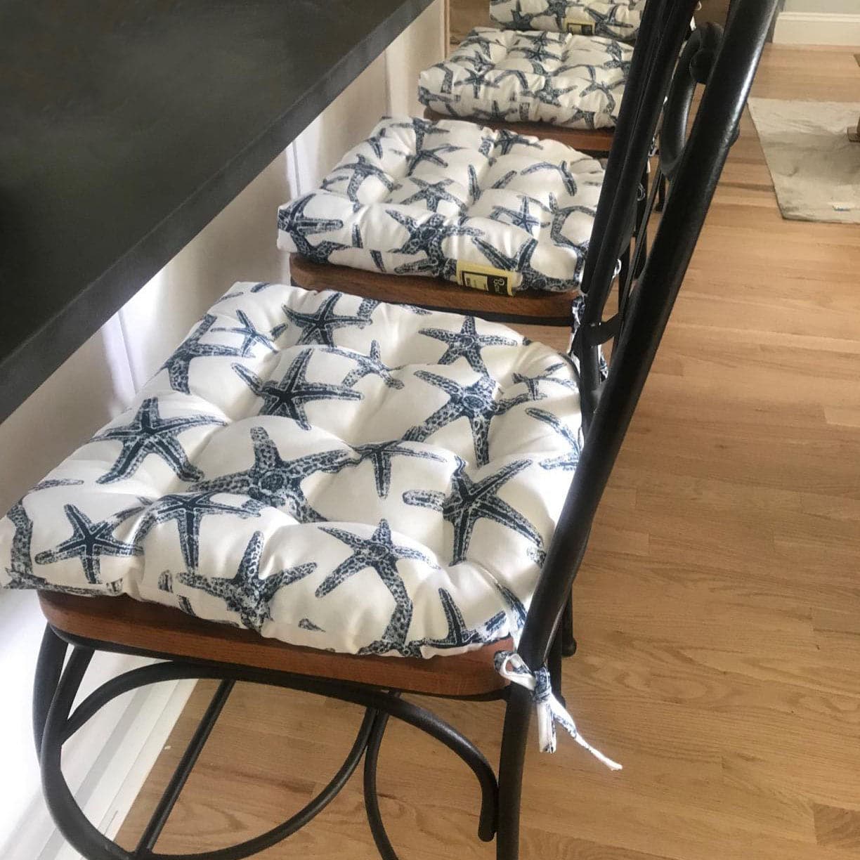 Sea Shore Starfish Indoor/Outdoor Navy Blue Dining Chair Cushions - Barnett Home Decor - Navy Blue & White | Aquatic | Oceanic | Coastal | Beach