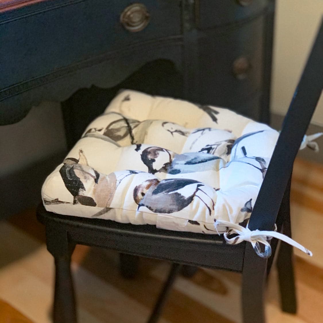 Song Bird Black Chicadee Dining Chair Pad  - Latex Foam Fill - Linen