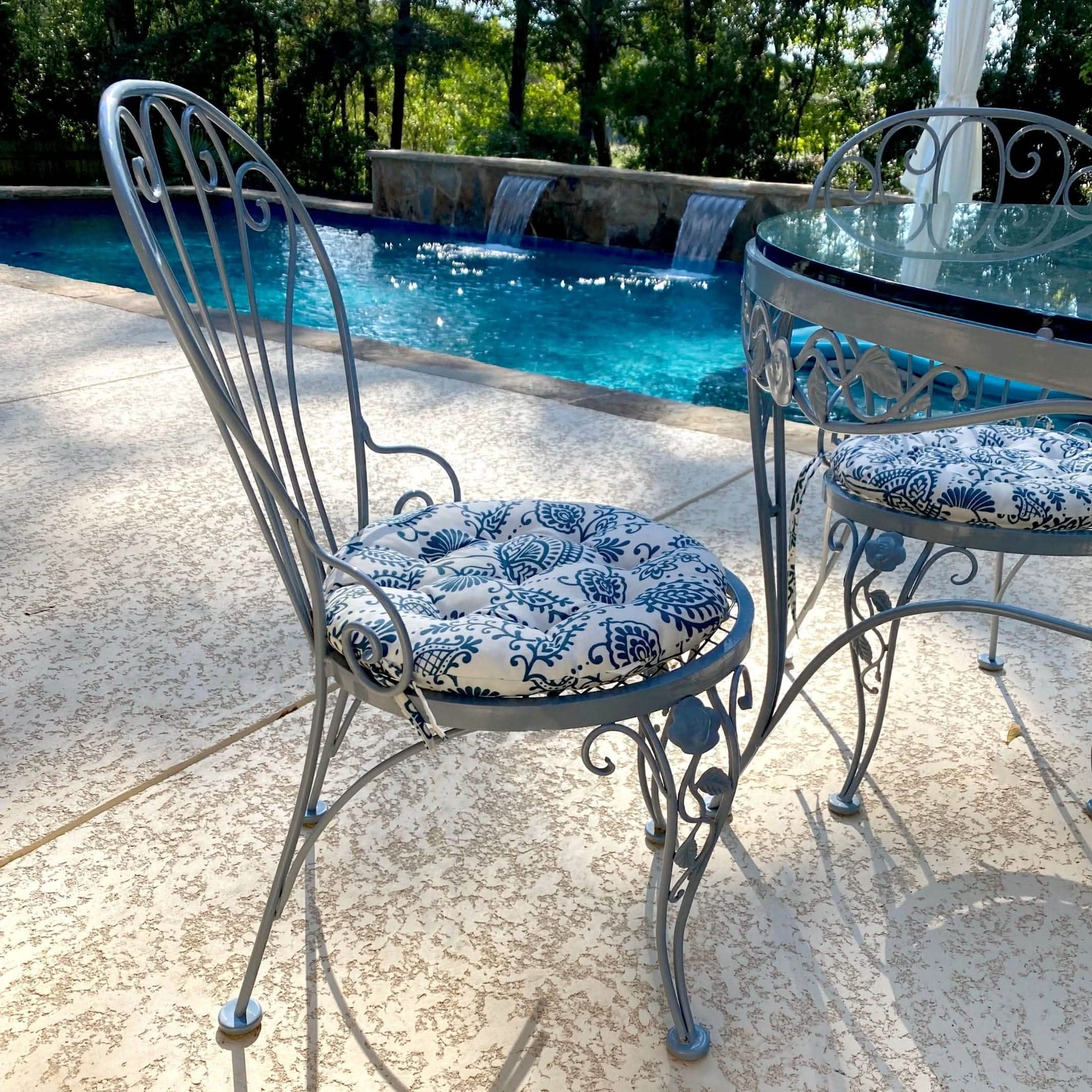 Sylvan Navy Blue Bistro Chair Pad - 16" Round Cushion with Ties -Barnett Home Decor - Indoor/Outdoor - Blue & White