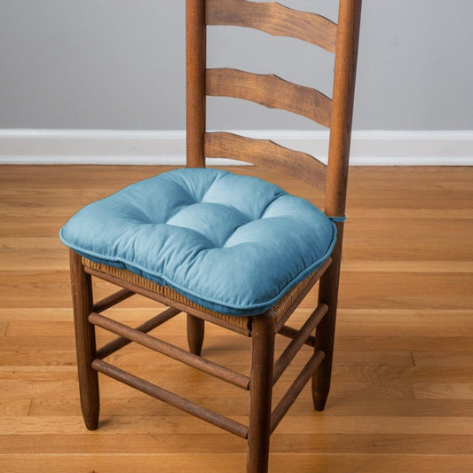 cotton duck bluebell thick dining chair cushion on ladderback chair - barnett home decor