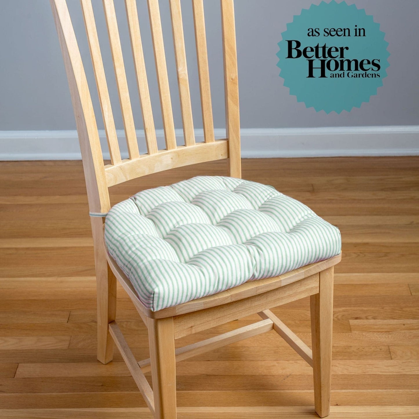 turquoise striped cushions made of 100% cotton on dining room chairs as seen in better homes and gardens