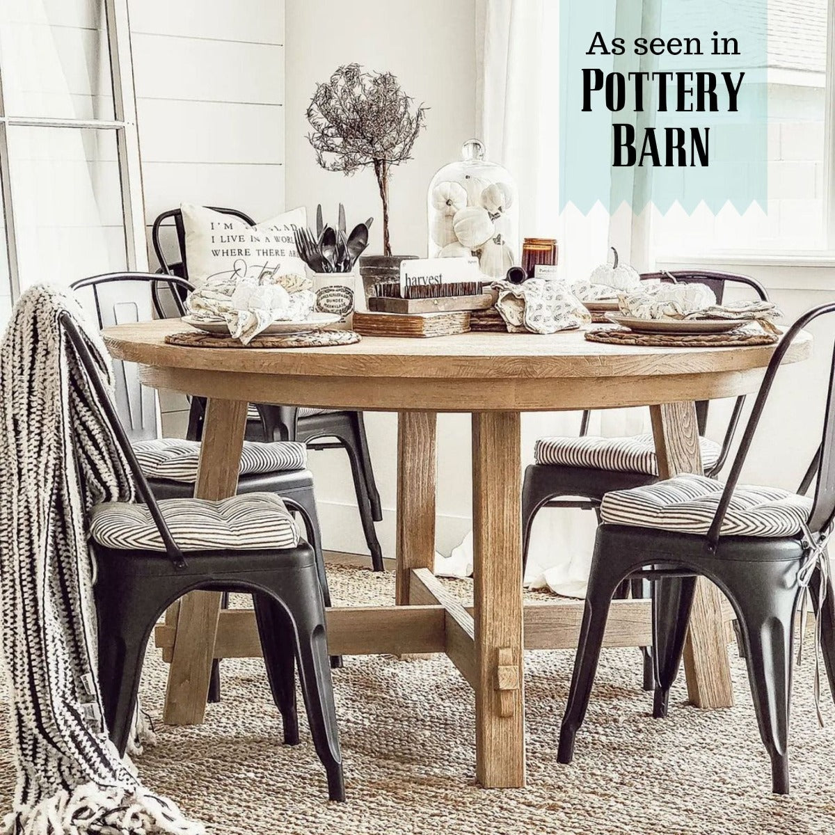 black and white striped industrial chair pads on farmhouse metal chairs as seen in pottery barn - barnett home decor