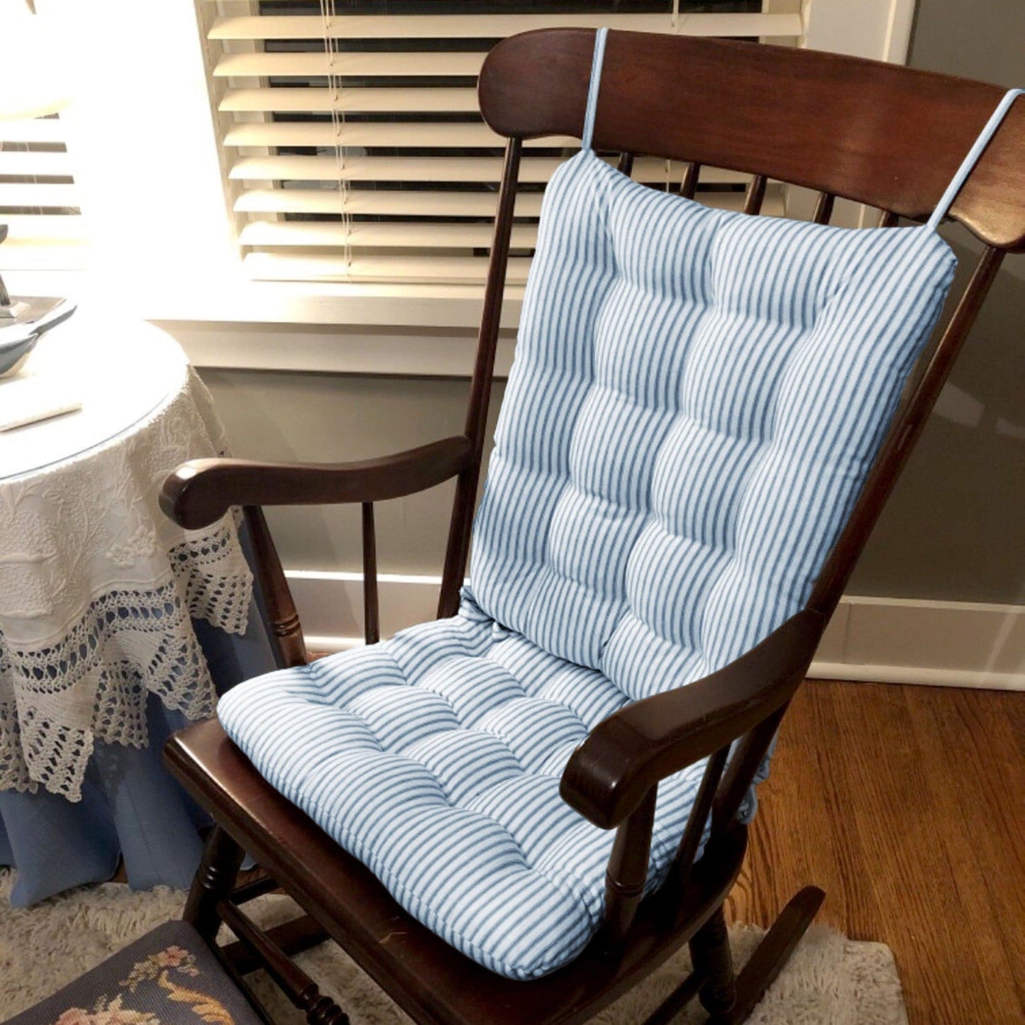 Ticking Stripe Navy Blue Rocking Chair Cushions | Barnett Home Decor | Blue & White