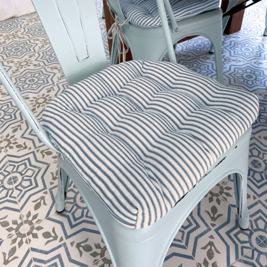 Ticking Stripe Blue and White Industrial Chair Pad - Latex Foam Fill - Barnett Home Decor