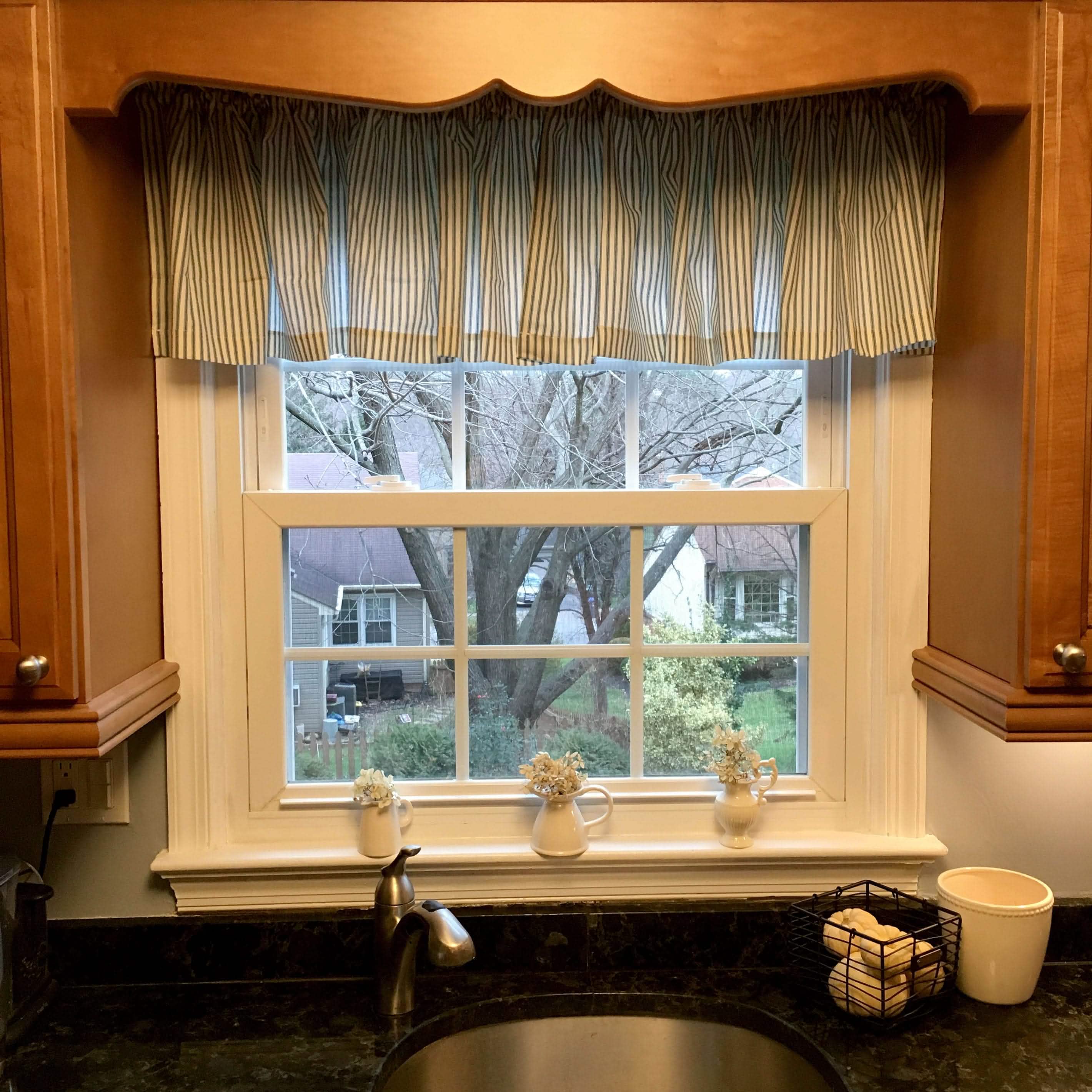 Ticking Stripe Navy Blue Cafe Valance - Straight Tailored Window Treatment