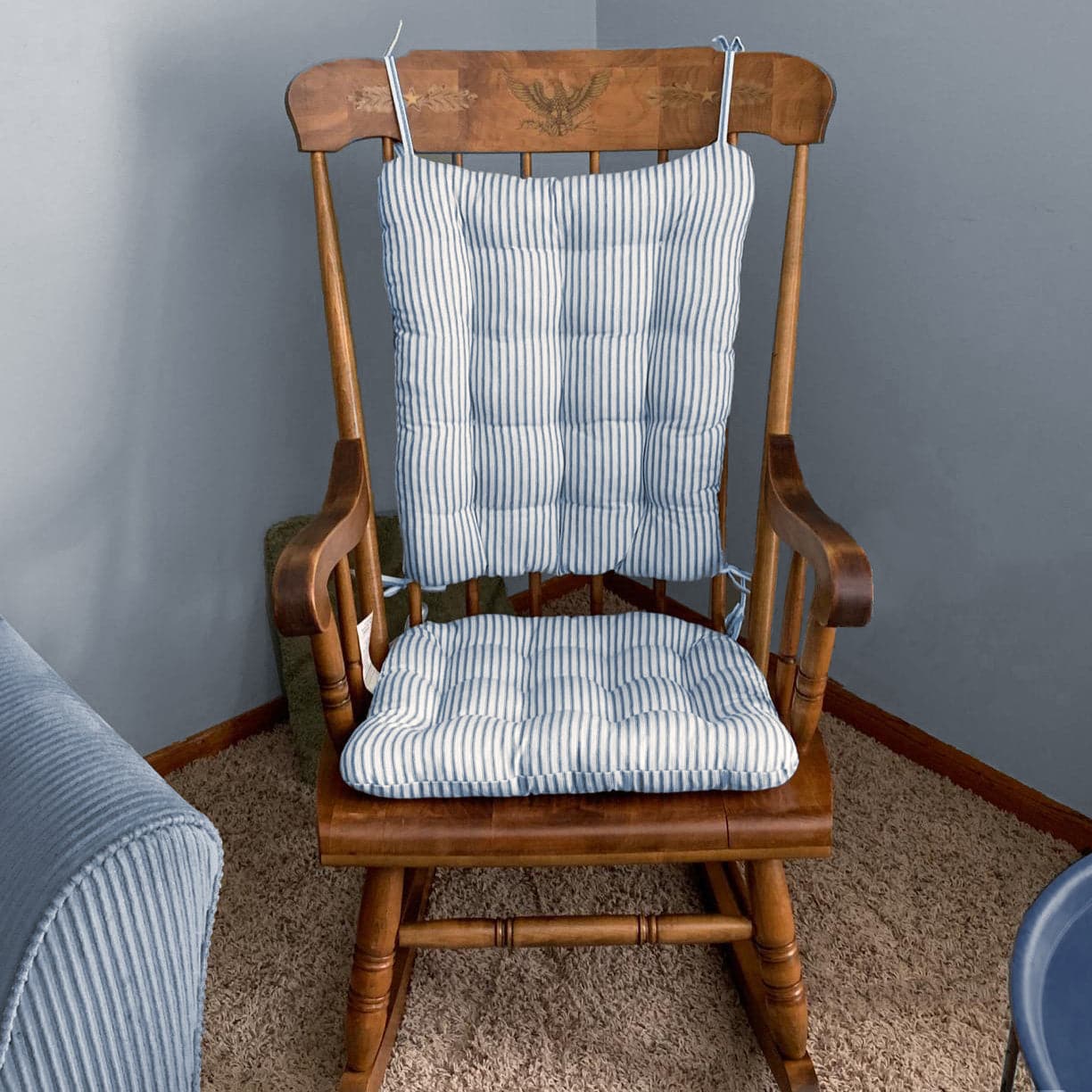 Ticking Stripe Navy Blue Rocking Chair Cushions Latex Foam