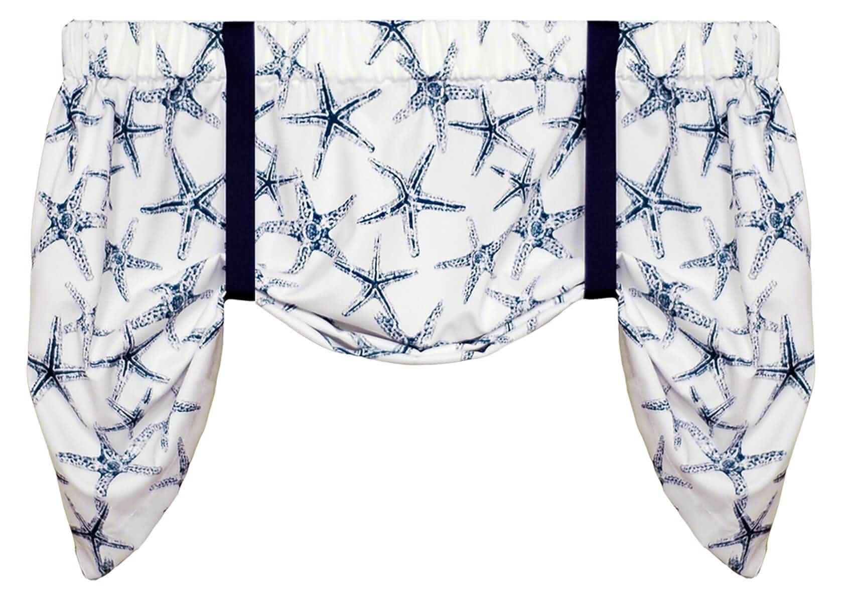 Tie Up Valance with Ribbon Ties - Sea Shore Starfish Navy Blue - Barnett Home Decor