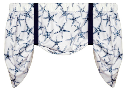 Tie Up Valance with Ribbon Ties - Sea Shore Starfish Navy Blue - Barnett Home Decor